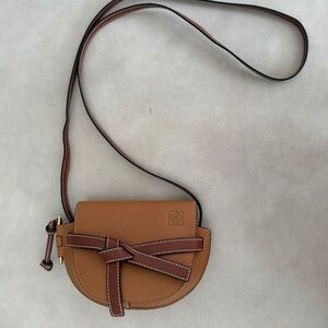 Loewe Gate Dual Mini Bag Brown Tan Crossbody Saddle Bag Pebbled Leather